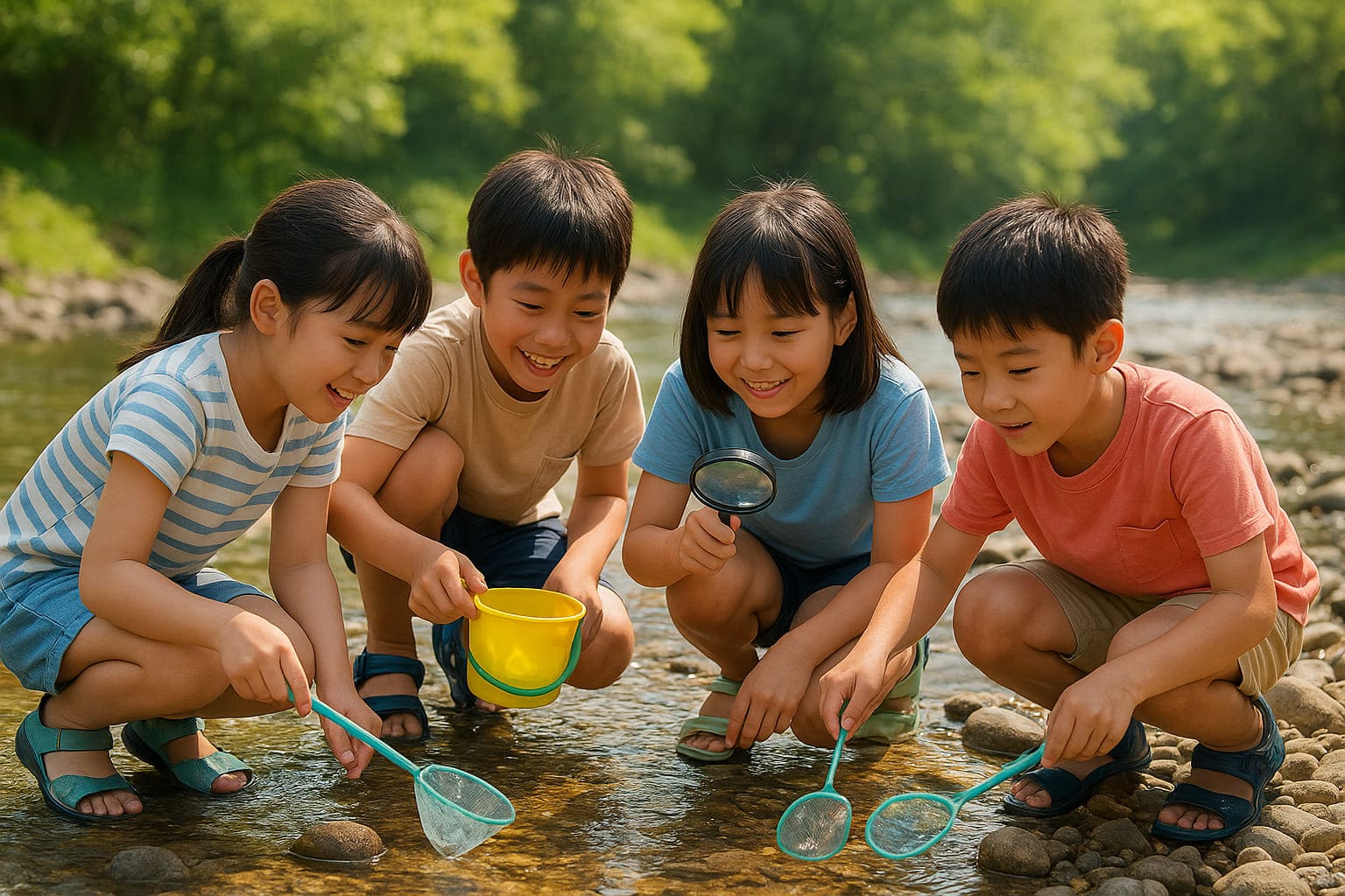 子供たちが川の生き物について学んでいる様子